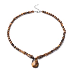 Yellow Tiger's Eye 158.50 ctw Beaded Tribal Necklace 18-20 Inches in Silvertone