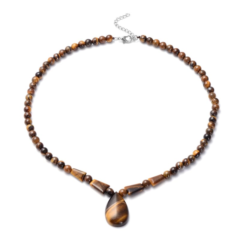 Yellow Tiger's Eye 158.50 ctw Beaded Tribal Necklace 18-20 Inches in Silvertone