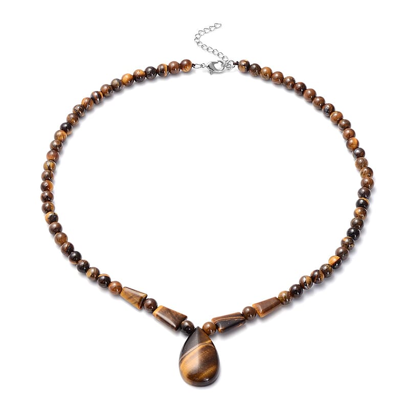 Yellow Tiger's Eye 158.50 ctw Beaded Tribal Necklace 18-20 Inches in Silvertone