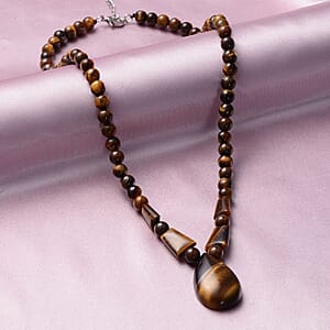 Yellow Tiger's Eye 158.50 ctw Beaded Tribal Necklace 18-20 Inches in Silvertone