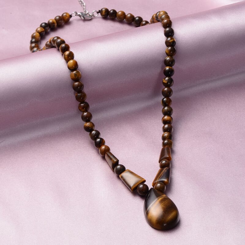 Yellow Tiger's Eye 158.50 ctw Beaded Tribal Necklace 18-20 Inches in Silvertone