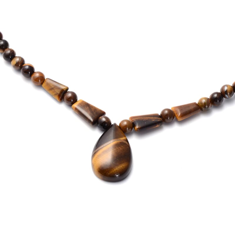Yellow Tiger's Eye 158.50 ctw Beaded Tribal Necklace 18-20 Inches in Silvertone
