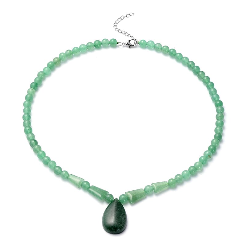 Green Aventurine Beaded Tribal Necklace 18-20 Inches in Silvertone 154.50 ctw