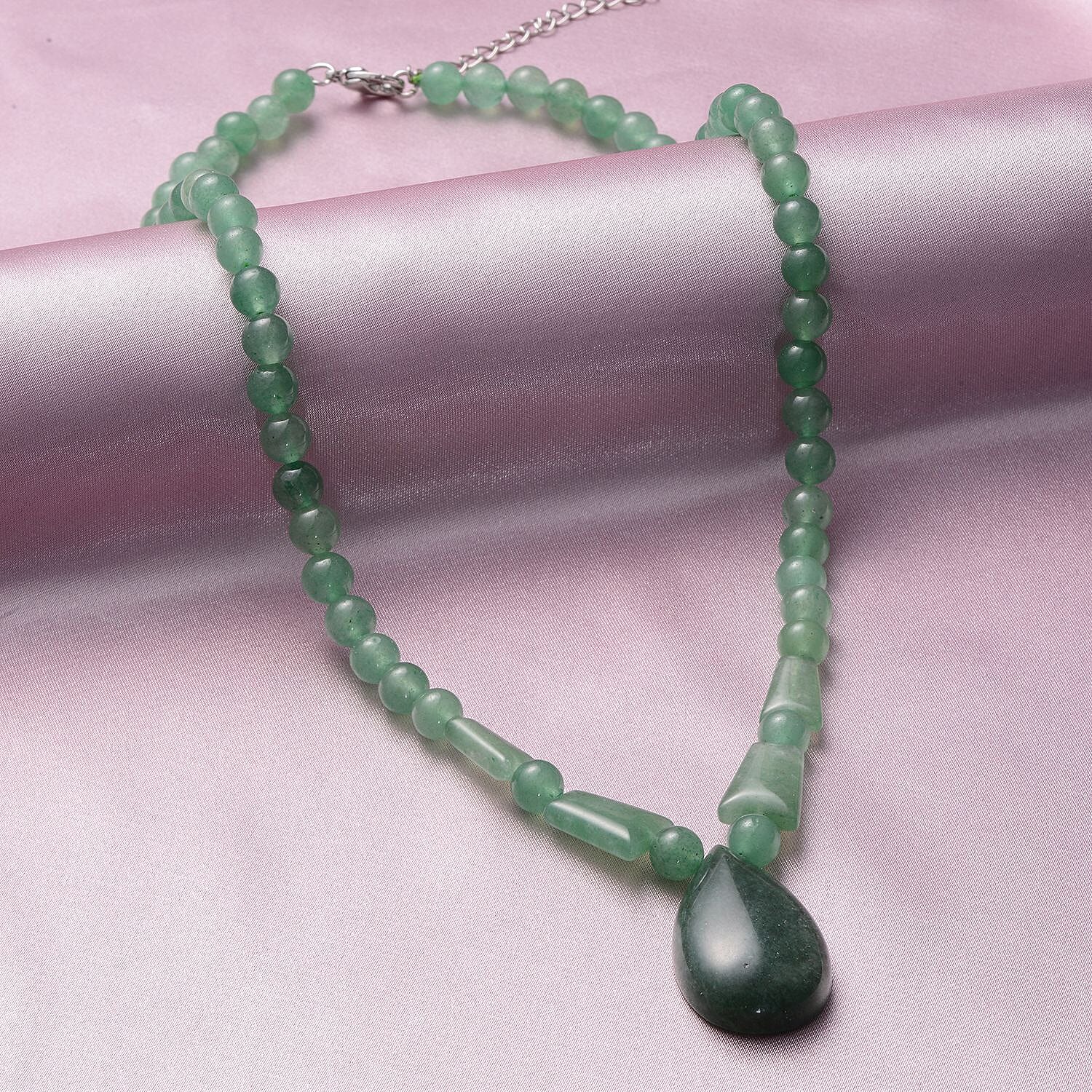 Green Aventurine Beaded Tribal Necklace 18-20 Inches in Silvertone 154.50 ctw