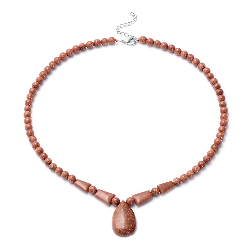 Gold Sandstone Beaded Tribal Necklace 18-20 Inches in Silvertone 132.00 ctw