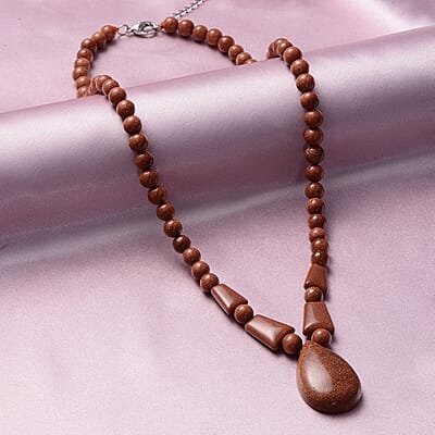 Gold Sandstone Beaded Tribal Necklace 18-20 Inches in Silvertone 132.00 ctw