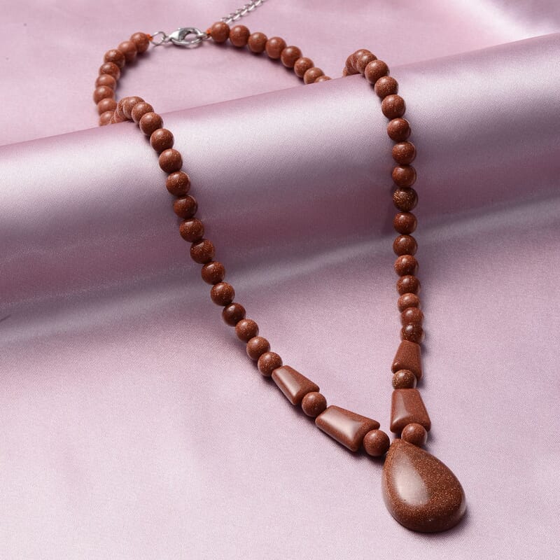 Gold Sandstone Beaded Tribal Necklace 18-20 Inches in Silvertone 132.00 ctw