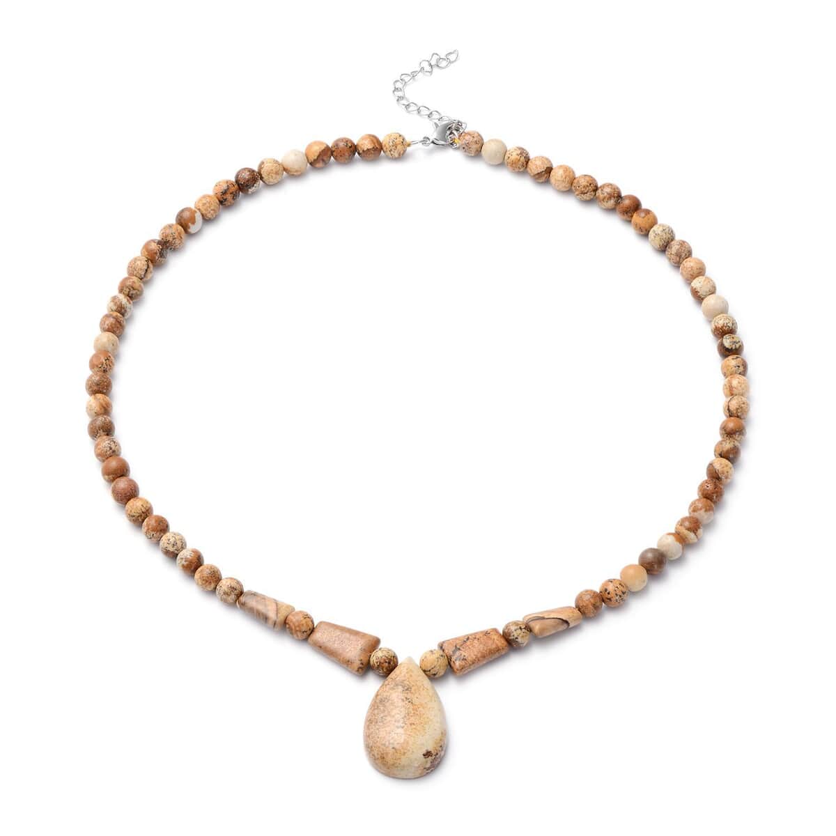 Picture Jasper Beaded Tribal Necklace 18-20 Inches in Silvertone 140.00 ctw image number 0