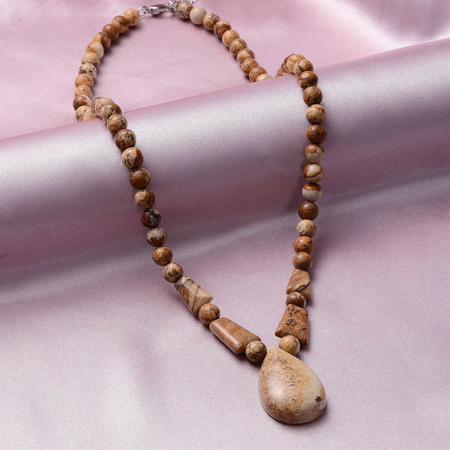 Picture Jasper Beaded Tribal Necklace 18-20 Inches in Silvertone 140.00 ctw