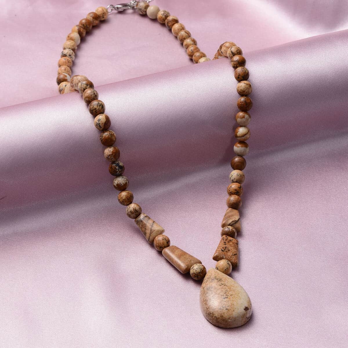 Picture Jasper Beaded Tribal Necklace 18-20 Inches in Silvertone 140.00 ctw image number 1