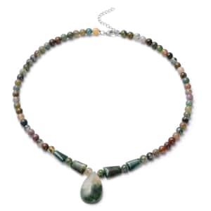 Indian Agate Beaded Tribal Necklace 18-20 Inches in Silvertone 141.00 ctw