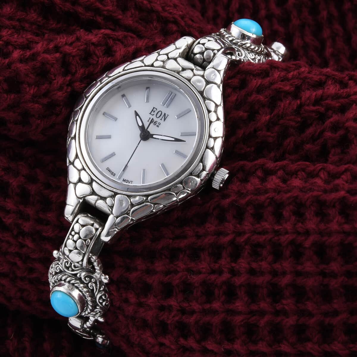 Bali Legacy EON 1962 Sleeping Beauty Turquoise Swiss Movement Bracelet Watch in Sterling Silver 23 Grams 2.00 ctw image number 1