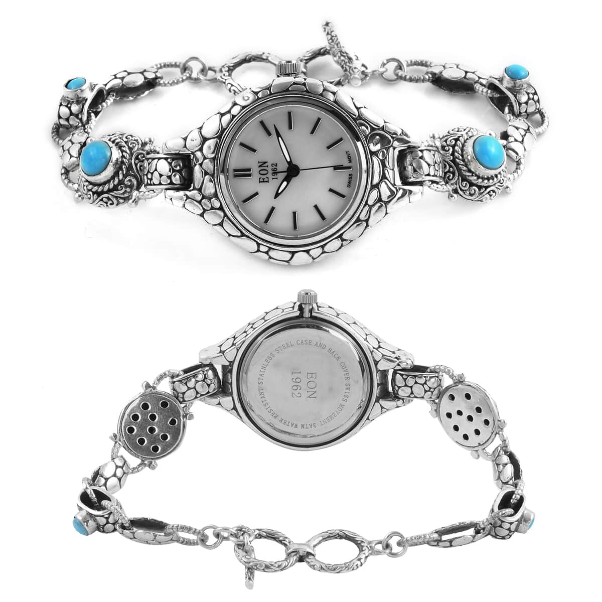 Bali Legacy EON 1962 Sleeping Beauty Turquoise Swiss Movement Bracelet Watch in Sterling Silver 23 Grams 2.00 ctw image number 3