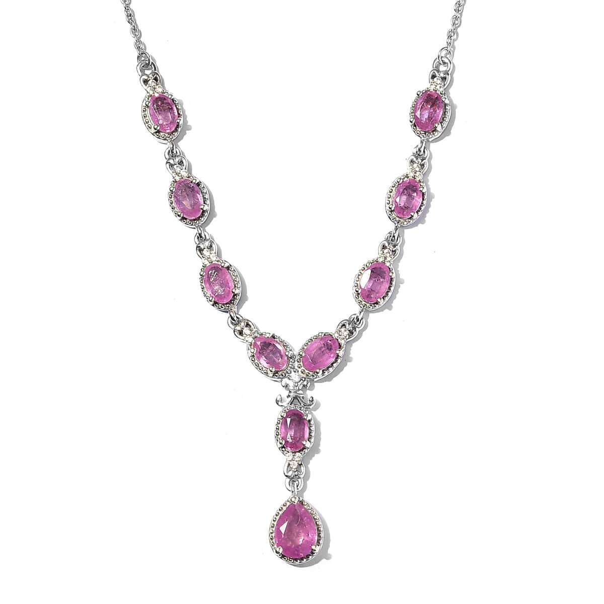 Ilakaka Hot Pink Sapphire (FF) and Zircon Necklace 18 Inches in Platinum Over Sterling Silver 9 Grams 7.10 ctw image number 0