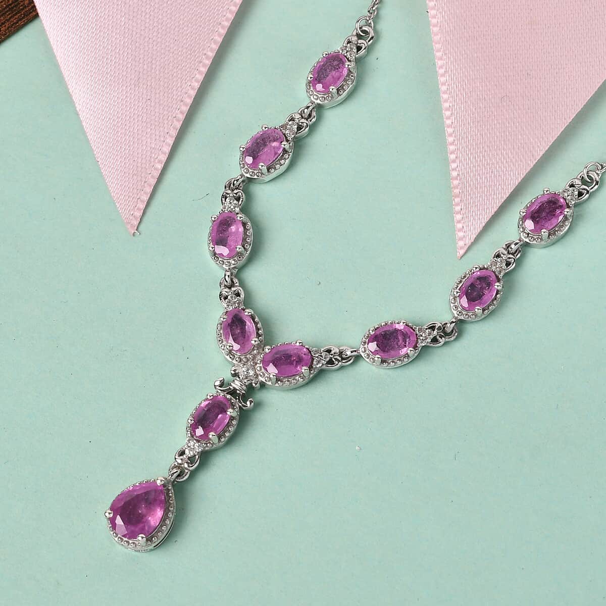 Ilakaka Hot Pink Sapphire (FF) and Zircon Necklace 18 Inches in Platinum Over Sterling Silver 9 Grams 7.10 ctw image number 1