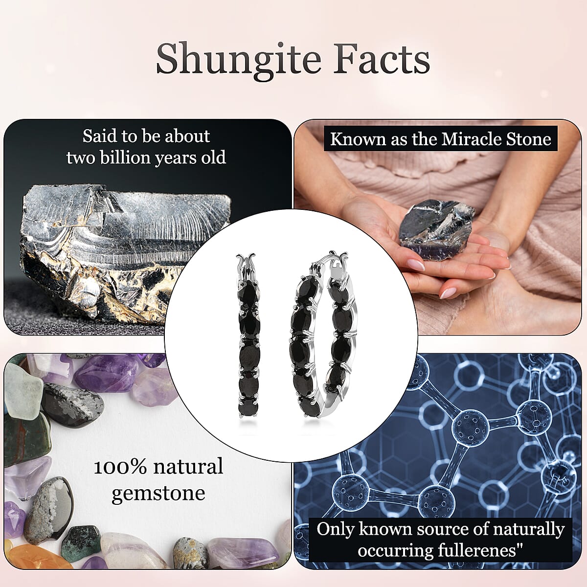 D'Joy Elite Shungite Hoop Earrings, Shungite Hoops, Sterling Silver Hoop Earrings, Silver Hoops, Latch Back Hoops, Hoops For Women 4.25 ctw image number 4