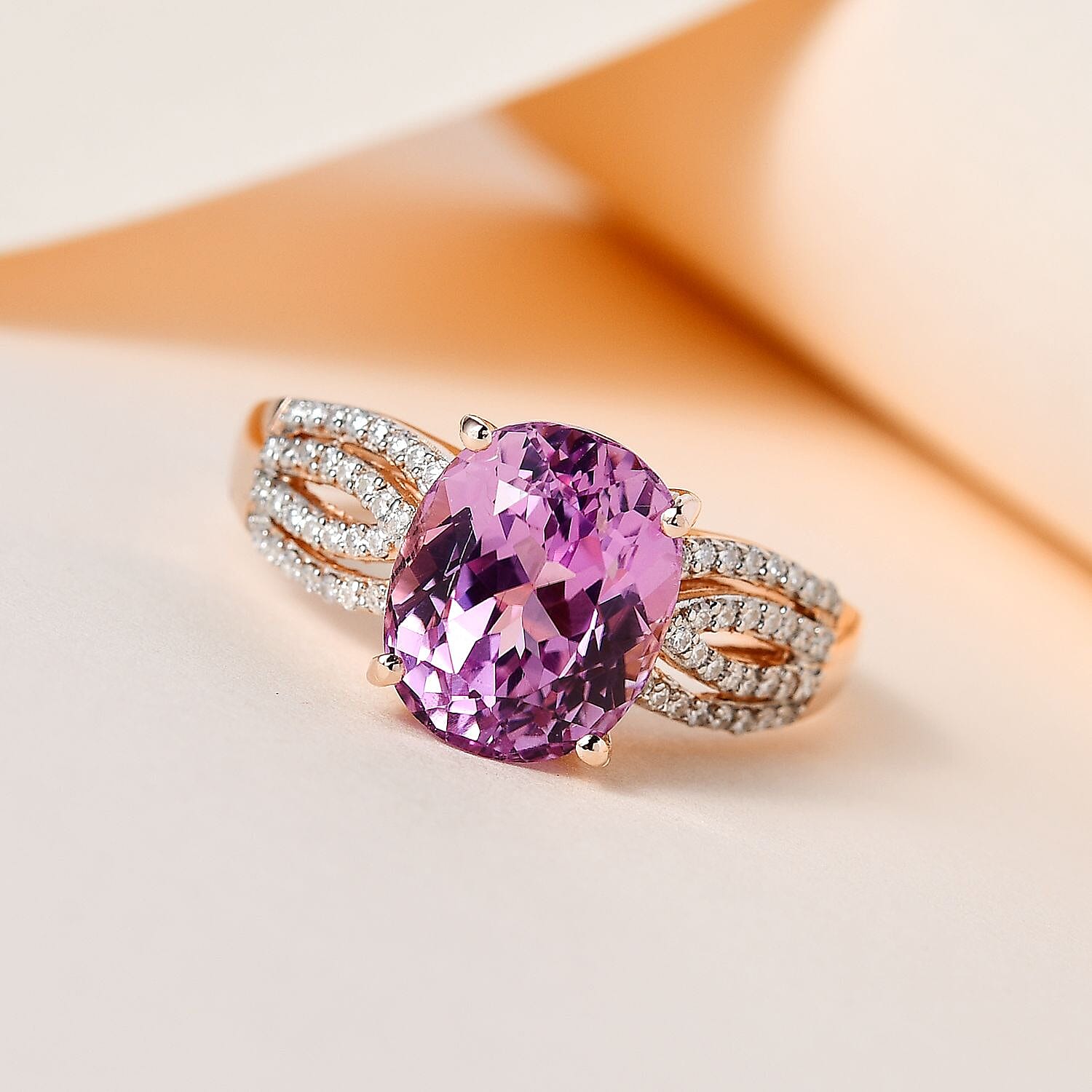 AAA Patroke Kunzite and Moissanite Ring in Vermeil Rose Gold Over Sterling Silver (Size 7.0) 5.60 ctw