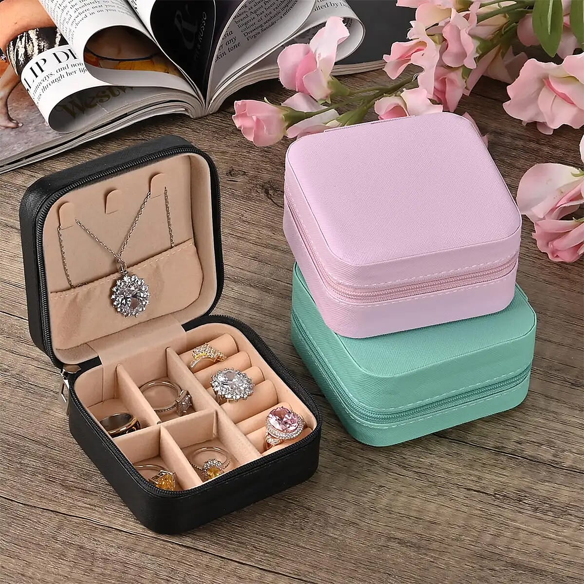 Set of 3 Faux Leather And Velvet Jewelry Box in Mint Green, Pink and Black, Anti Tarnish Scratch Resistant Jewelry Storage Box Set For Rings Necklace Earrings (3.94x3.94x1.97) image number 1