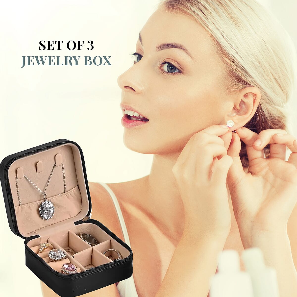 Set of 3 Faux Leather And Velvet Jewelry Box in Mint Green, Pink and Black, Anti Tarnish Scratch Resistant Jewelry Storage Box Set For Rings Necklace Earrings (3.94x3.94x1.97) image number 2
