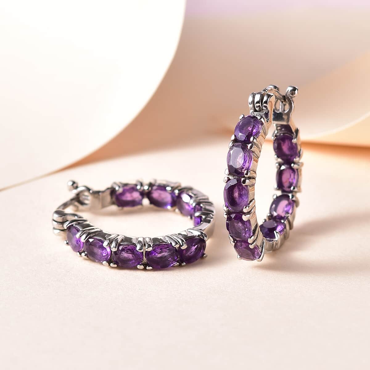 Doorbuster African Amethyst Hoop Earrings in Stainless Steel 5.35 ctw image number 1