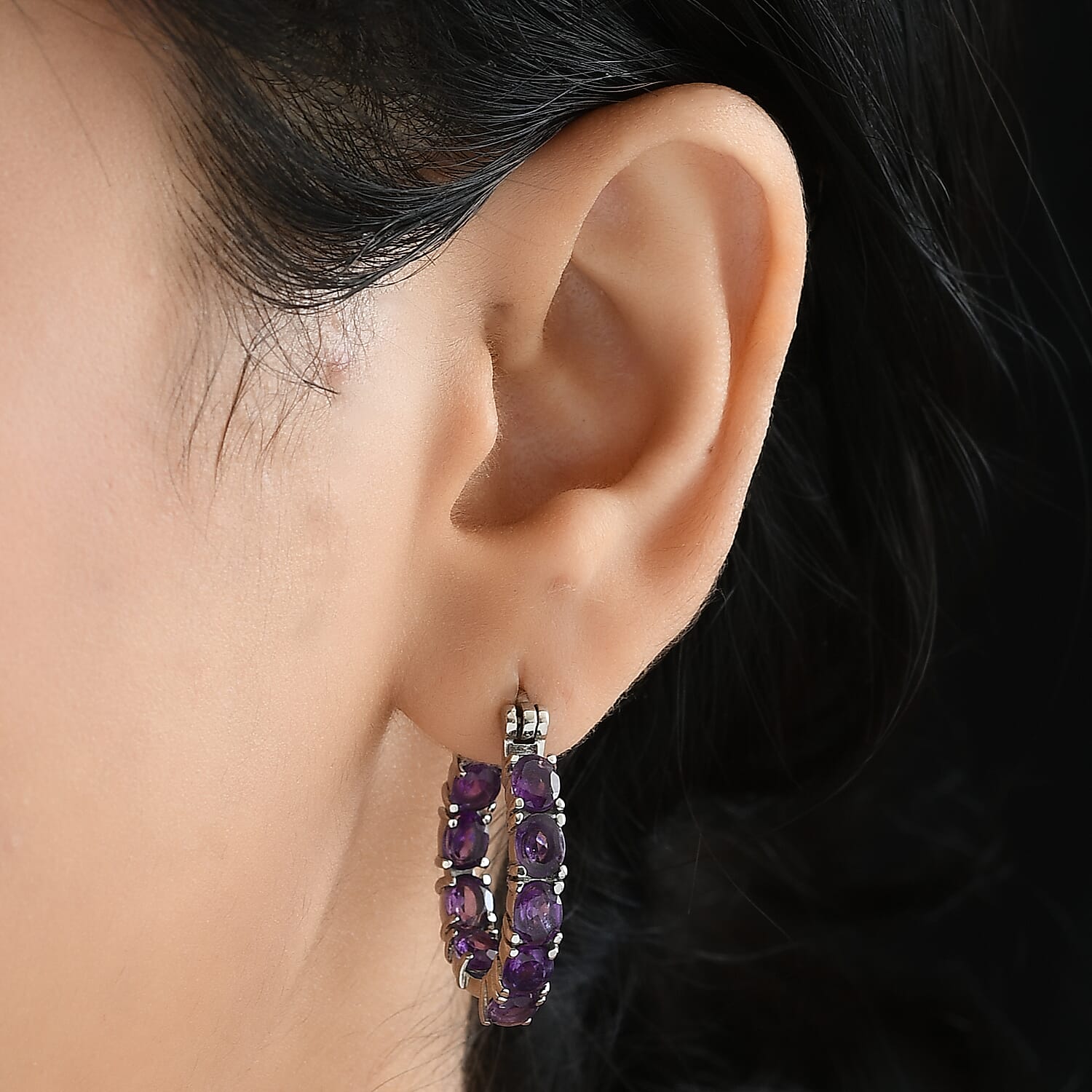 African Amethyst Inside Out Hoop Earrings in Stainless Steel 5.35 ctw