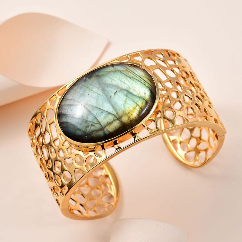 Karis Malagasy Labradorite 70.85 ctw Cuff Bracelet in 18K YG Plated (7.25 In)