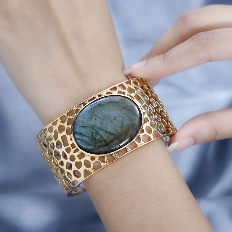 Karis Malagasy Labradorite 70.85 ctw Cuff Bracelet in 18K YG Plated (7.25 In)