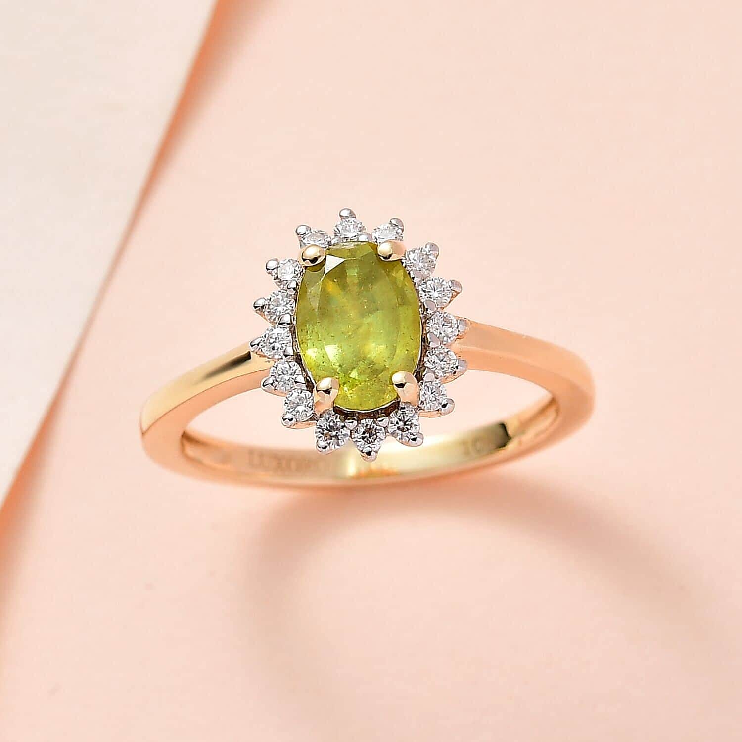 Luxoro 10K Yellow Gold Premium Sava Sphene and Moissanite Halo Ring (Size 10.0) 1.00 ctw