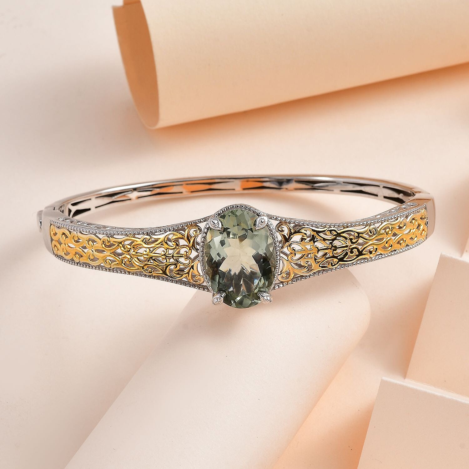 Karis Montezuma Prasiolite Bangle Bracelet in 18K YG Plated and Platinum Bond (6.50 In) 12.00 ctw