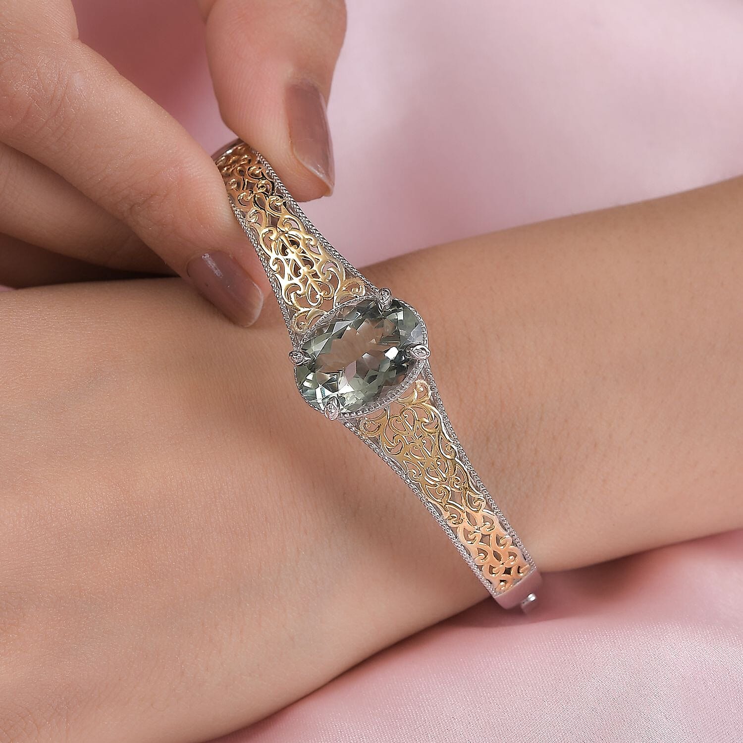 Karis Montezuma Prasiolite Bangle Bracelet in 18K YG Plated and Platinum Bond (6.50 In) 12.00 ctw