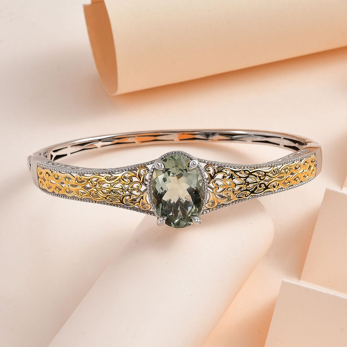 Karis Montezuma Prasiolite Bangle Bracelet in 18K YG Plated and Platinum Bond (7.25 In) 12.00 ctw image number 1