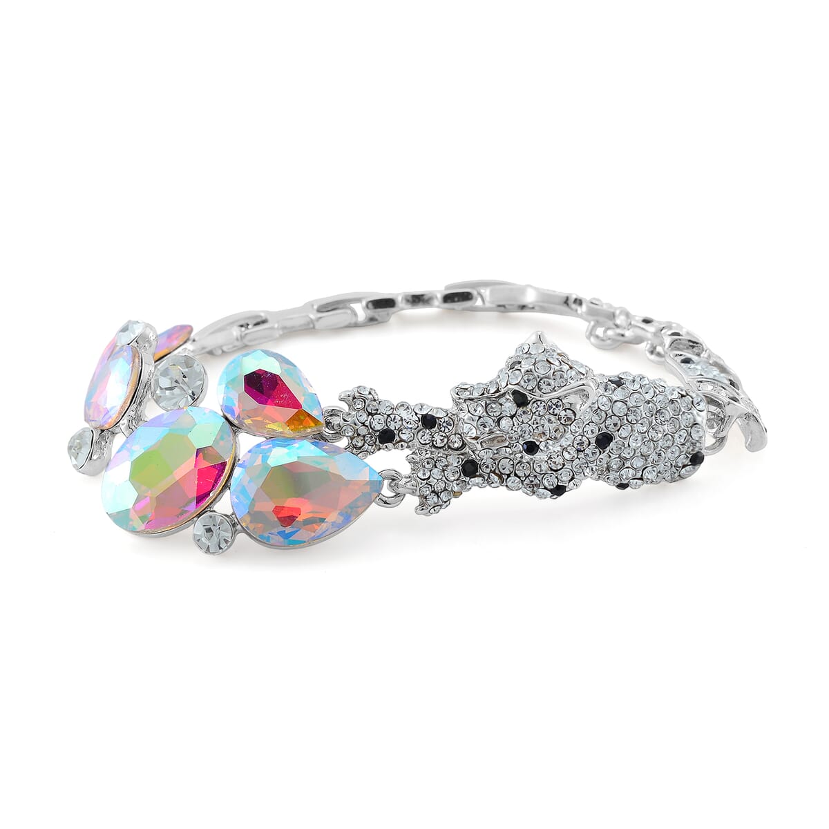 Simulated Mystic Color Quartz and Austrian Crystal Panther Bracelet in Silvertone (7.50 In) image number 0