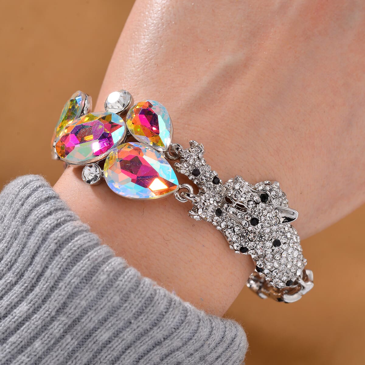 Simulated Mystic Color Quartz and Austrian Crystal Panther Bracelet in Silvertone (7.50 In) image number 1