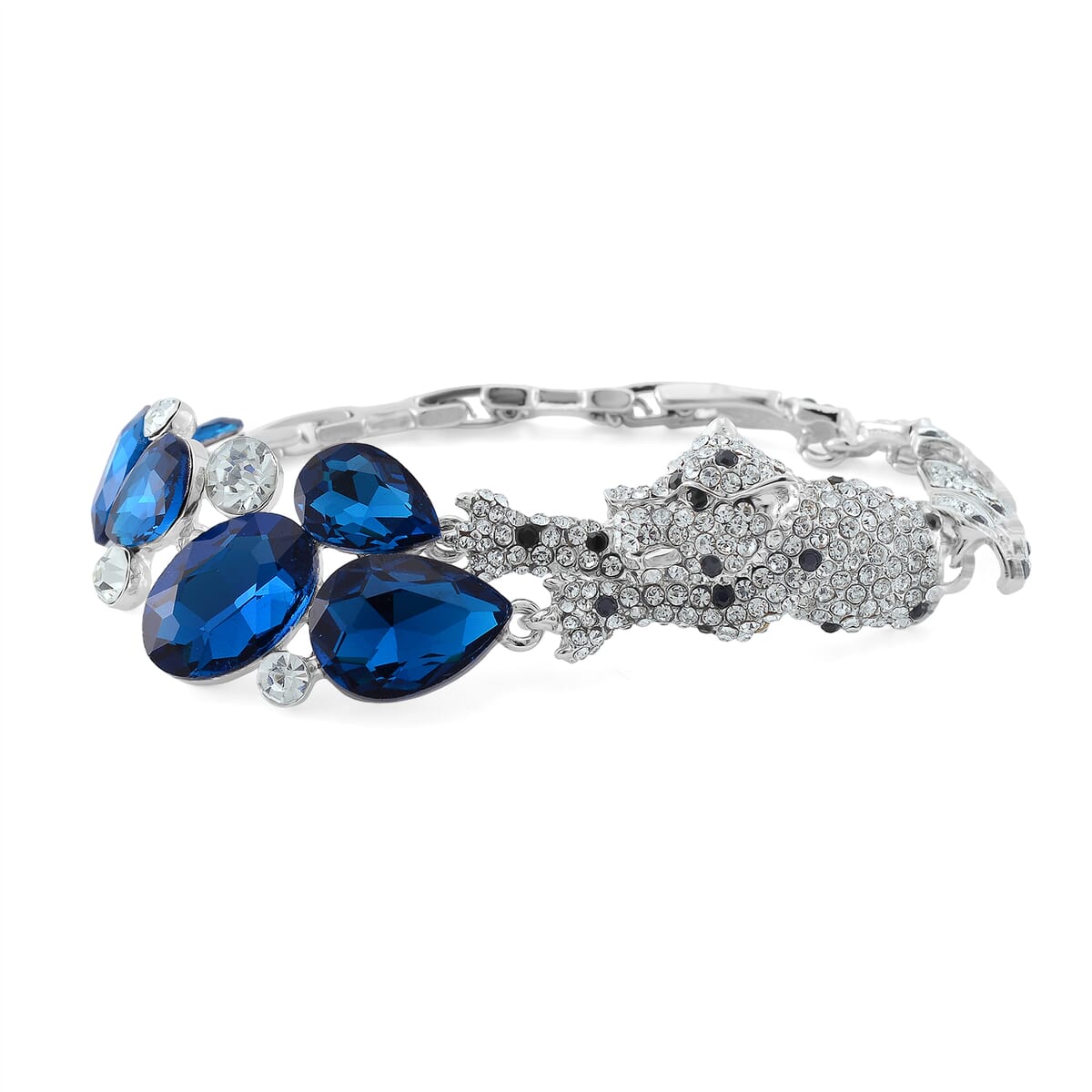 Simulated Blue Sapphire and Austrian Crystal Panther Bracelet in Silvertone (7.50 In) image number 0