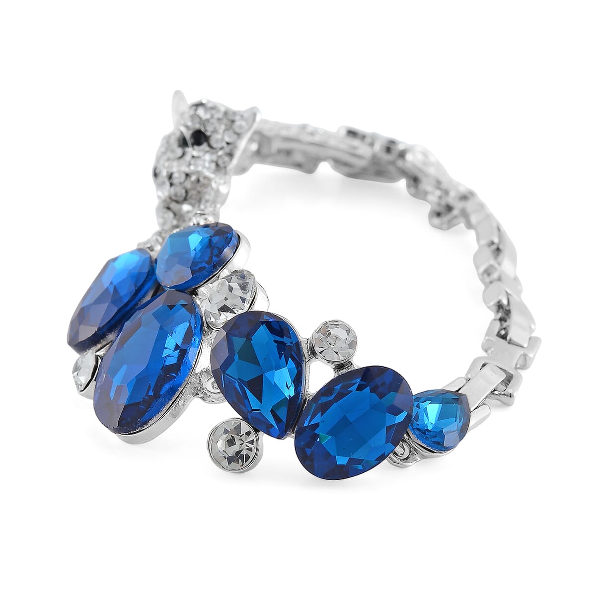 Simulated Blue Sapphire and Austrian Crystal Panther Bracelet in Silvertone (7.50 In) image number 2