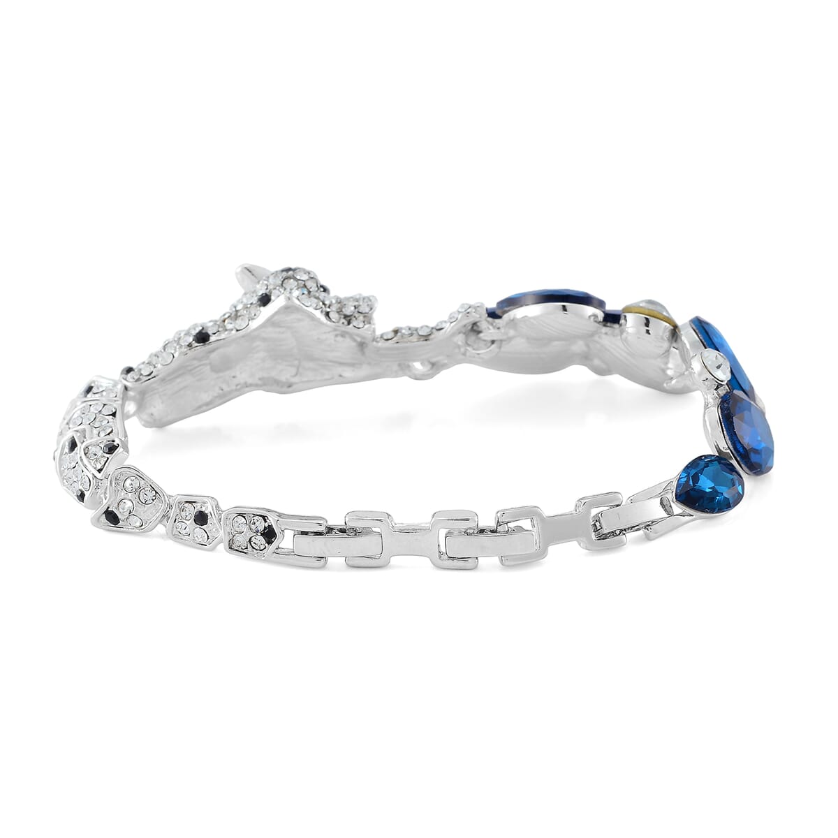 Simulated Blue Sapphire and Austrian Crystal Panther Bracelet in Silvertone (7.50 In) image number 4