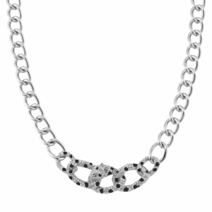 Black and White Austrian Crystal and Enameled Cuban Link Chain Necklace in Silvertone 20-22 Inches