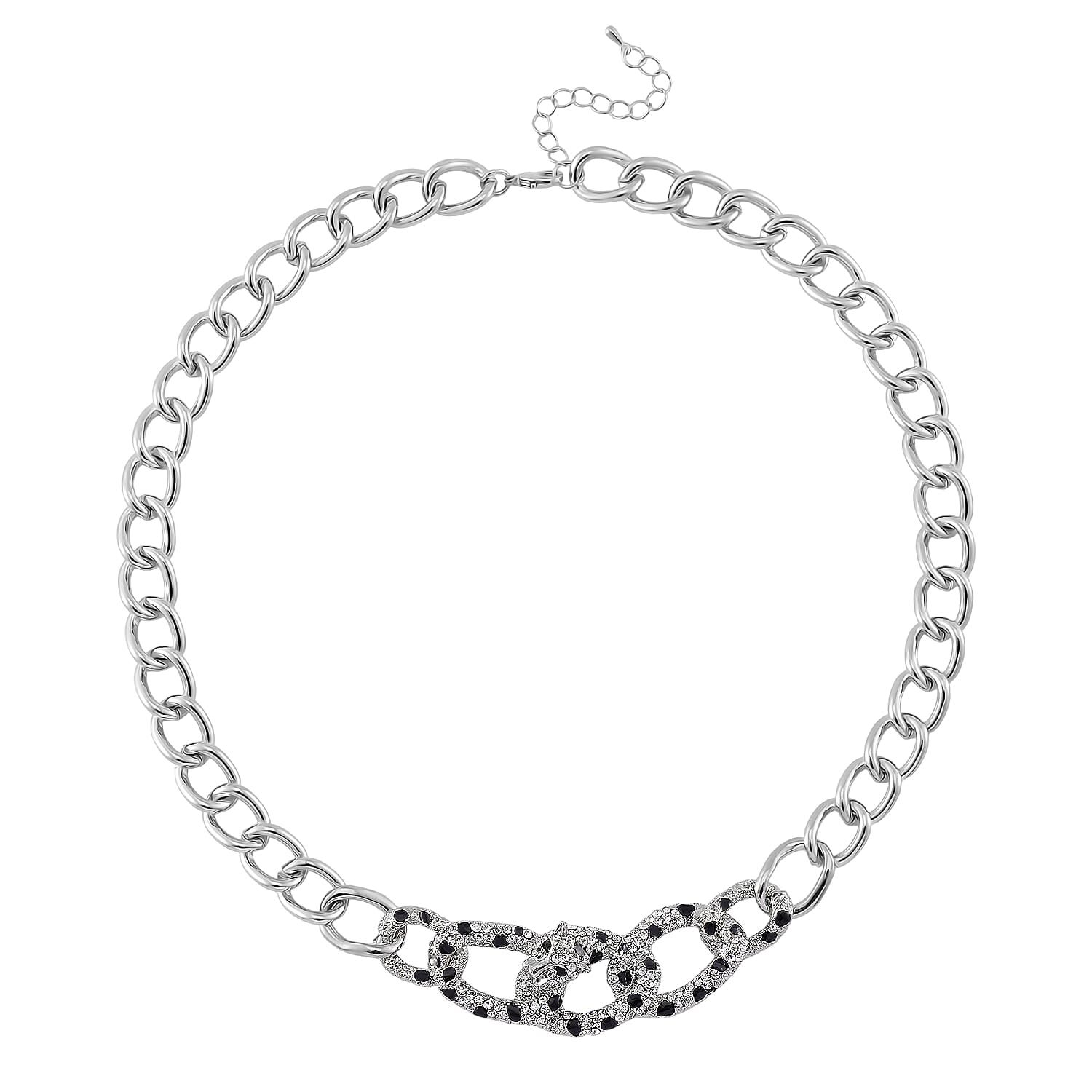 Black and White Austrian Crystal and Enameled Cuban Link Chain Necklace in Silvertone 20-22 Inches