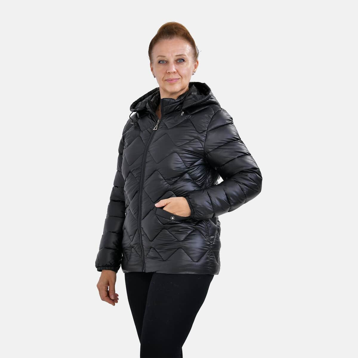 Tamsy Iridescent Black Quilted Puffer Jacket with Detachable Hood - L image number 2