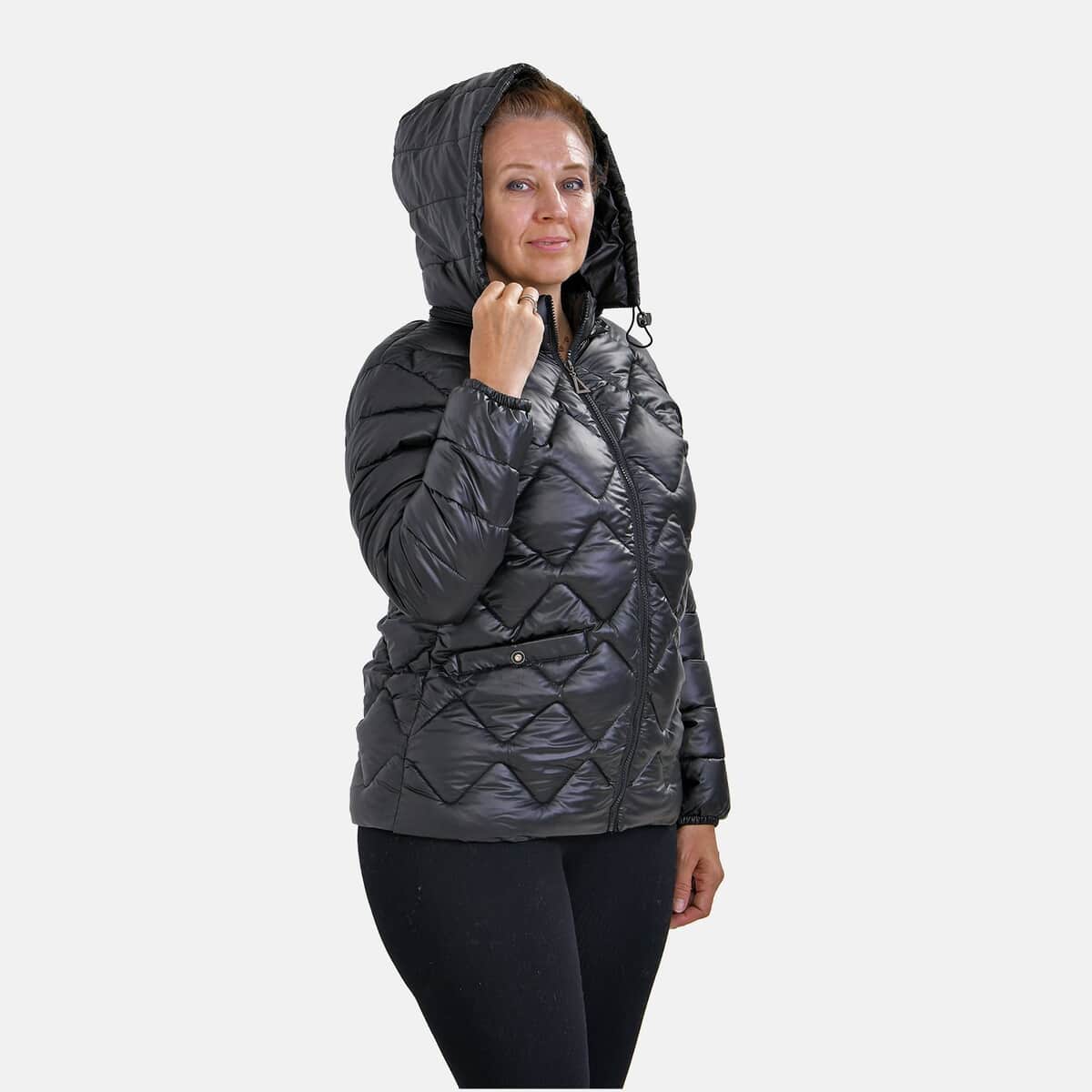 Tamsy Iridescent Black Quilted Puffer Jacket with Detachable Hood - L image number 3