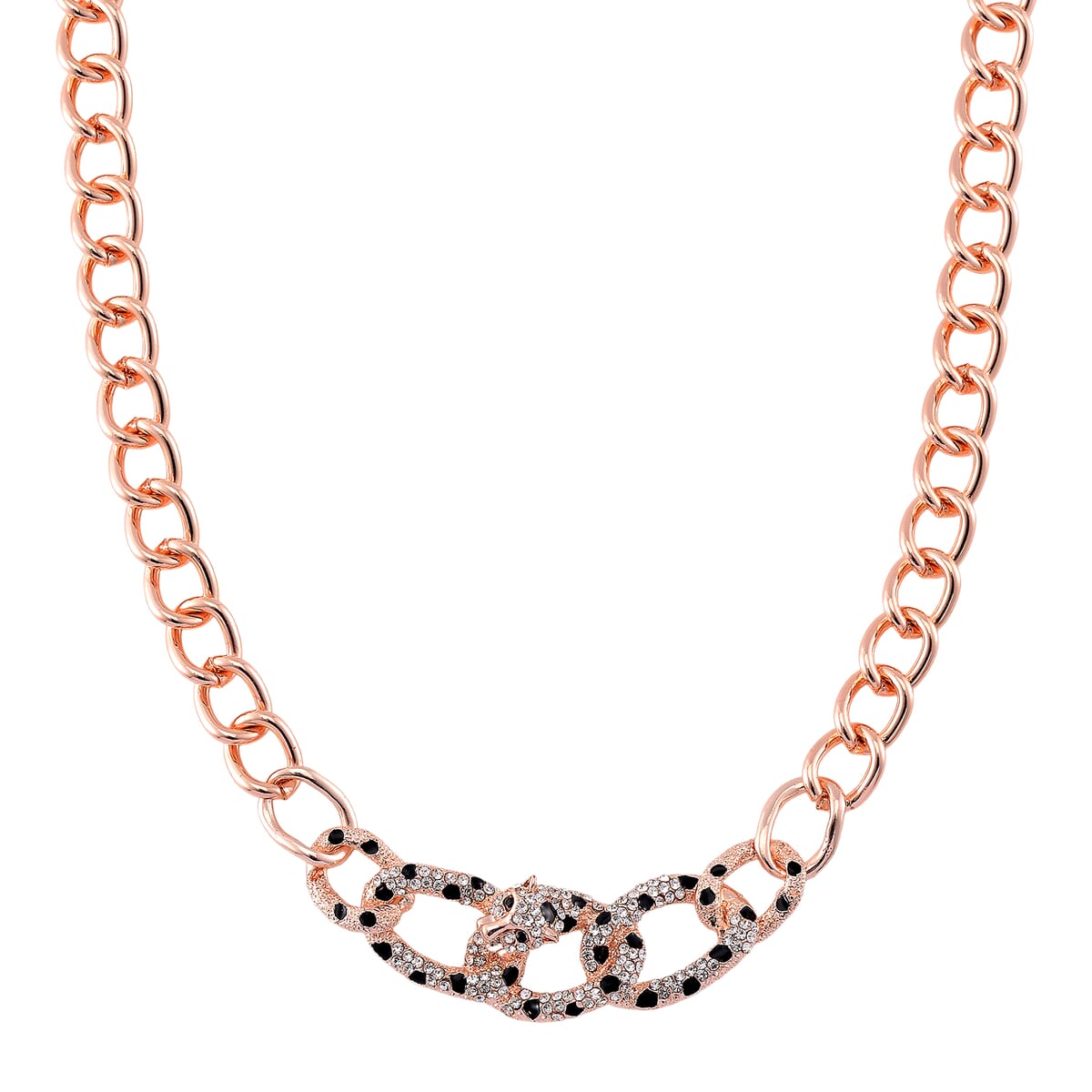 Black and White Austrian Crystal and Enameled Cuban Link Chain Necklace in Rosetone 20-22 Inches image number 0