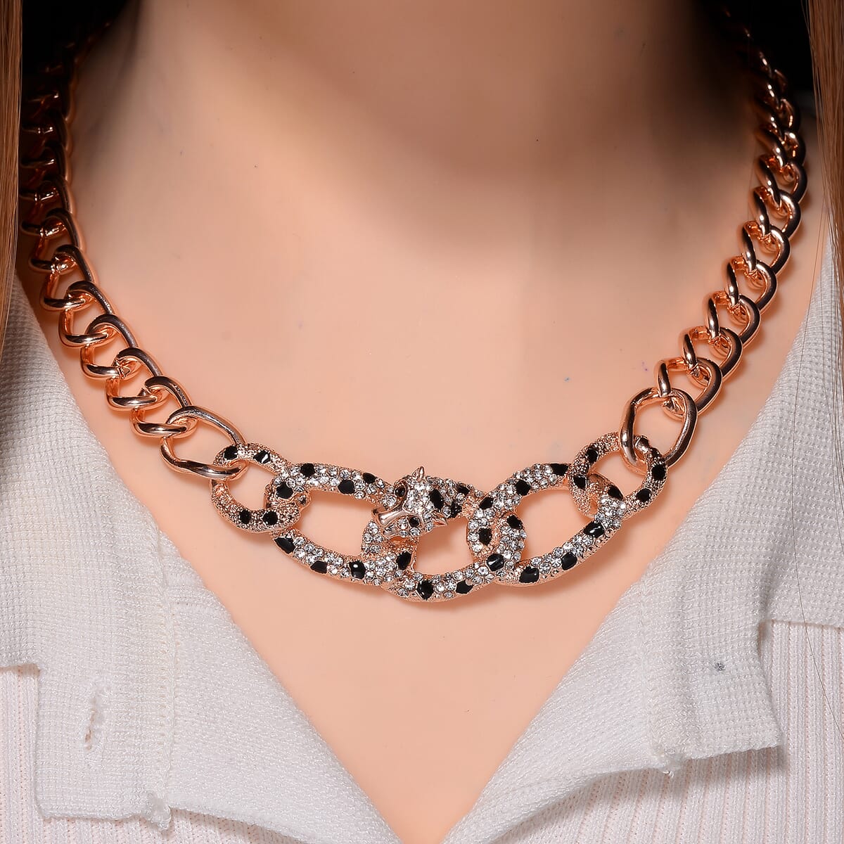 Black and White Austrian Crystal and Enameled Cuban Link Chain Necklace in Rosetone 20-22 Inches image number 1