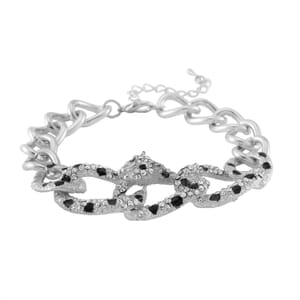 Black and White Austrian Crystal and Enameled Cuban Link Chain Panther Bracelet in Silvertone (8.0-10In)