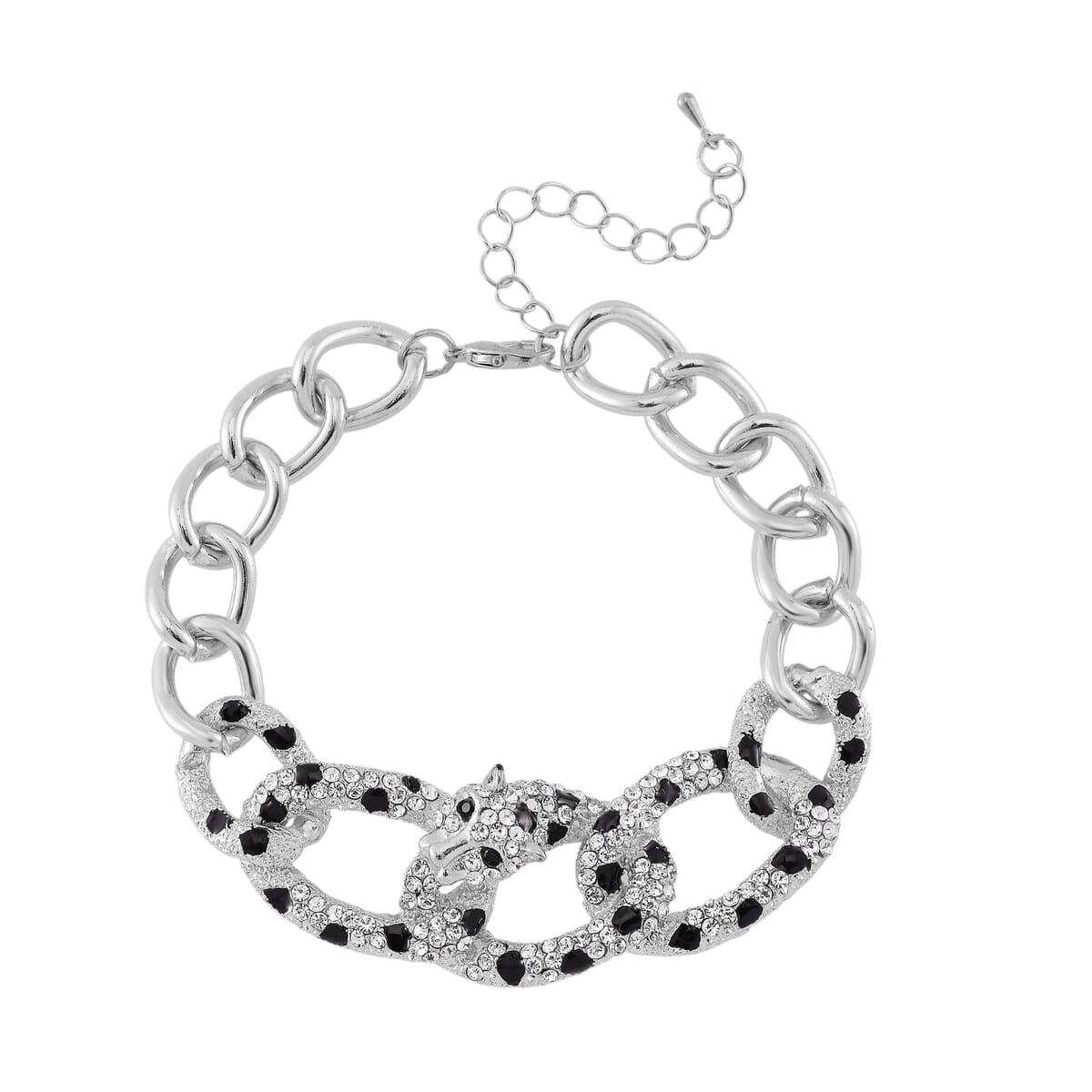 Black and White Austrian Crystal and Enameled Cuban Link Chain Bracelet in Silvertone (8.0-10In) image number 2