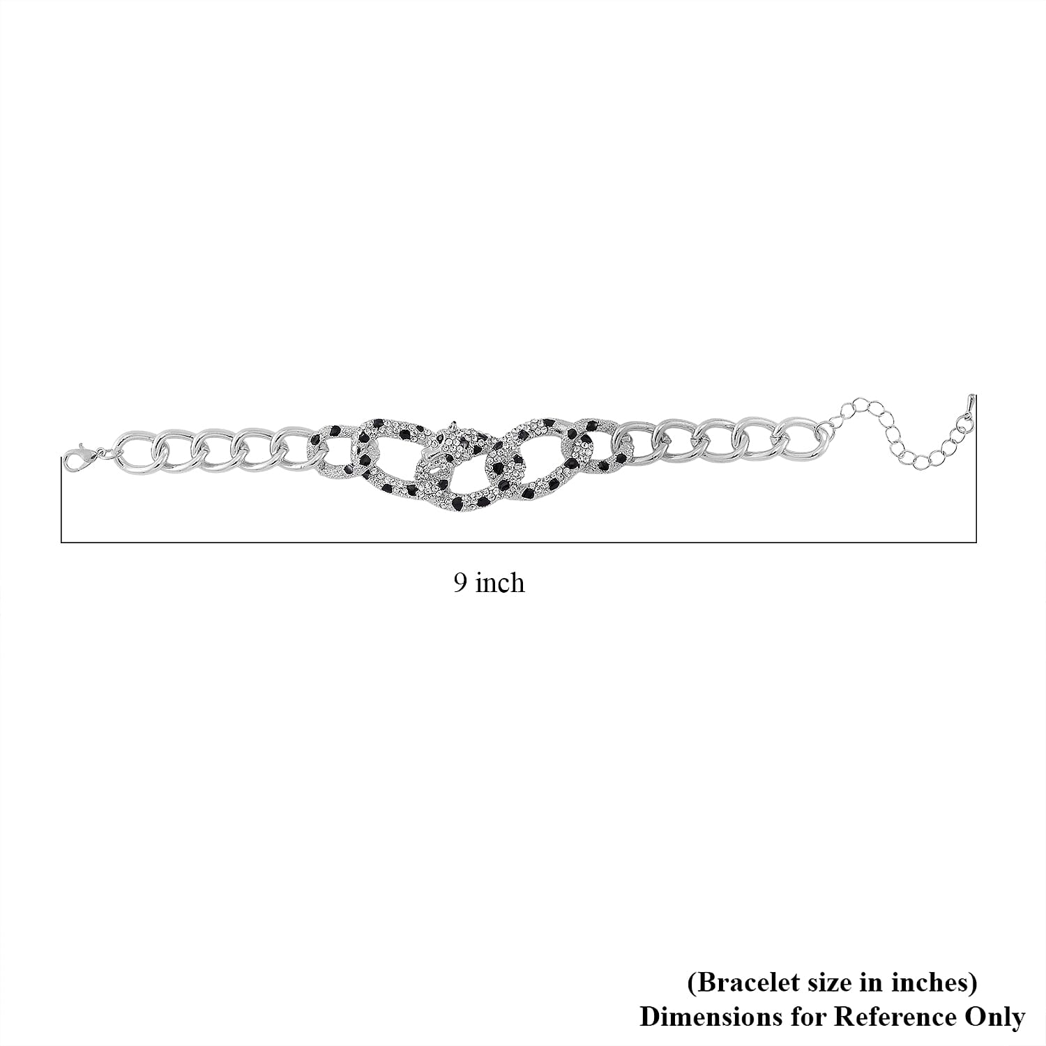 Black and White Austrian Crystal and Enameled Cuban Link Chain Panther Bracelet in Silvertone (8.0-10In)