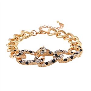 Black and White Austrian Crystal and Enameled Cuban Link Chain Panther Bracelet in Goldtone (8.0-10In)