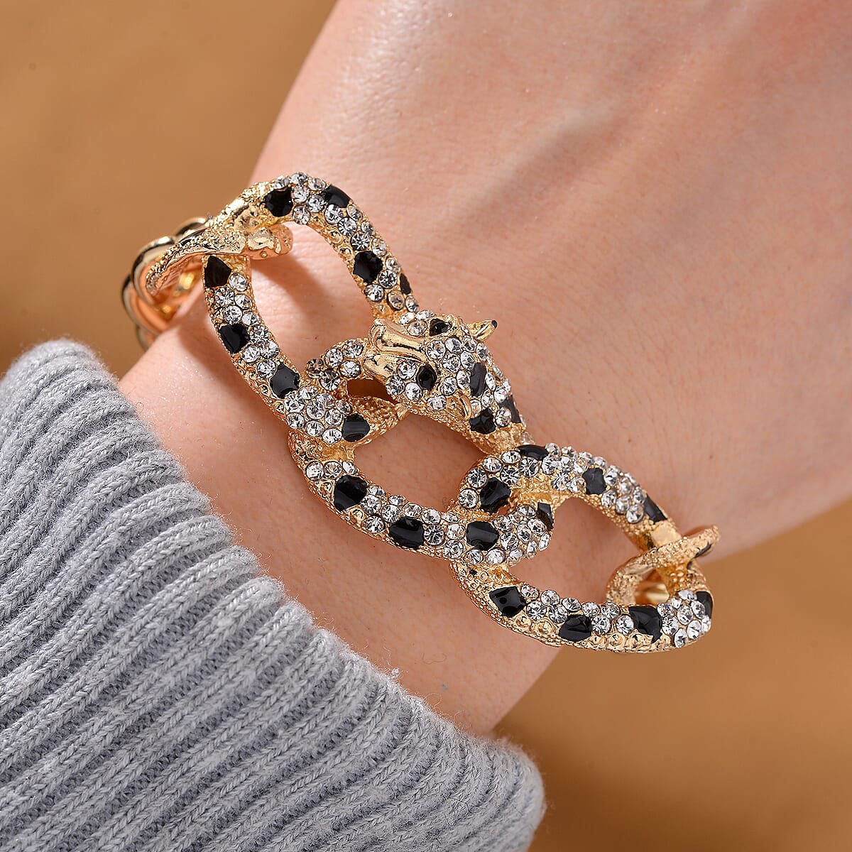 Black and White Austrian Crystal and Enameled Cuban Link Chain Panther Bracelet in Goldtone (8.0-10In) image number 1