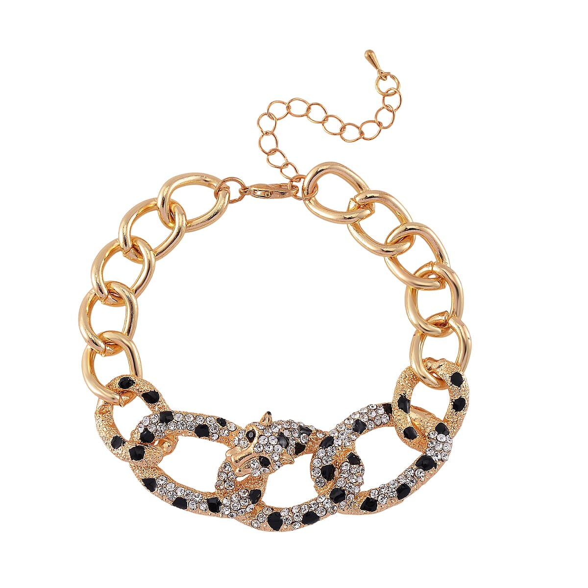 Black and White Austrian Crystal and Enameled Cuban Link Chain Panther Bracelet in Goldtone (8.0-10In) image number 2