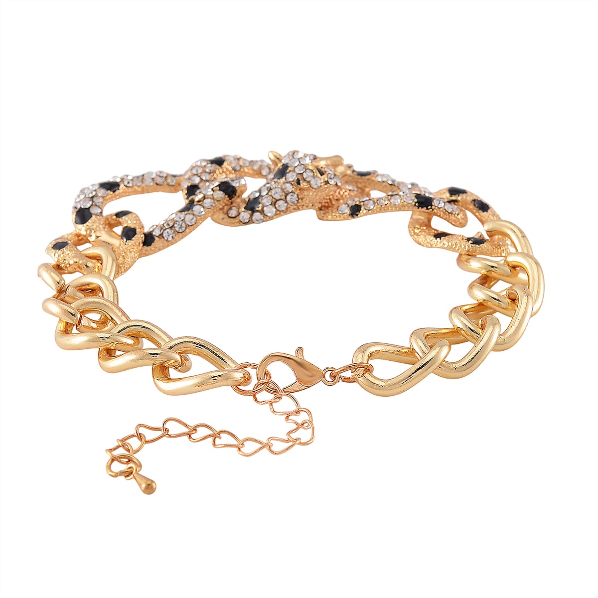 Black and White Austrian Crystal and Enameled Cuban Link Chain Panther Bracelet in Goldtone (8.0-10In) image number 3