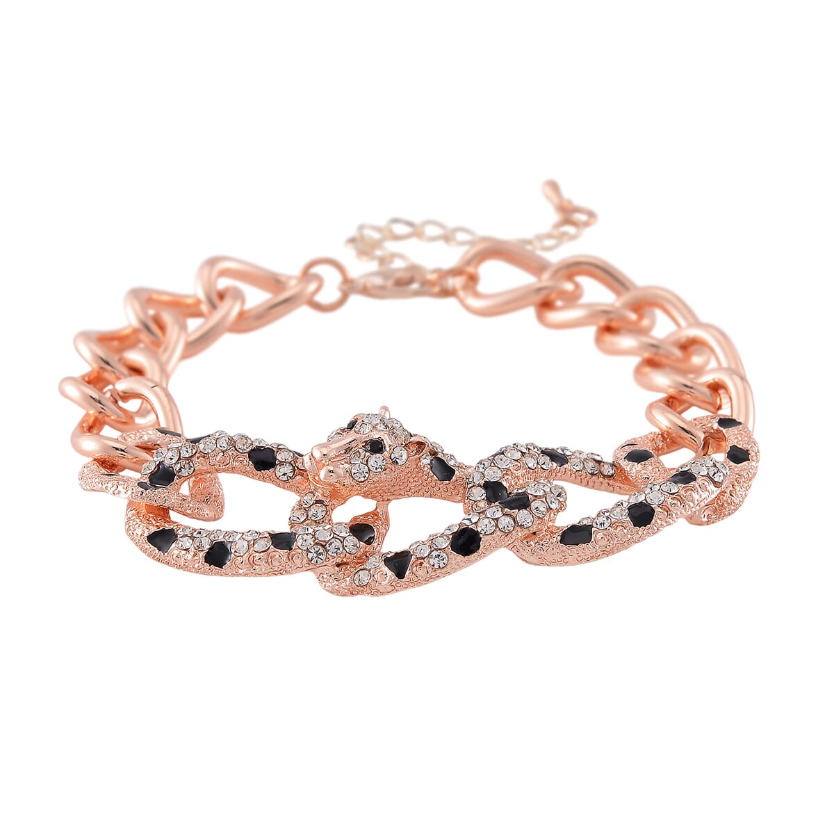 Value Buy Black and White Austrian Crystal and Enameled Cuban Link Chain Panther Bracelet in Rosetone (8.0-10In) image number 0
